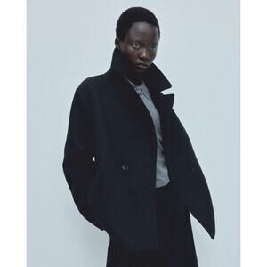 H&M HM Black Double-Breasted Short Peasant's Twill Jacket Pea Coat, size M